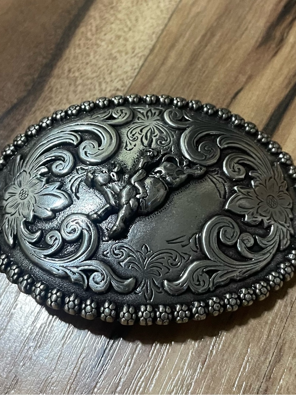 Nocona Bull Rider Oval Western Belt Buckle Antique Silver Tone Floral Scroll